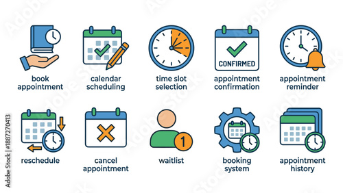 Set of 10 Appointment Booking and Scheduling Icons for Web and Mobile Apps, Featuring Calendar, Clock, Reminder, Confirmation, Cancellation, Reschedule, Waitlist, and History Vector Graphics