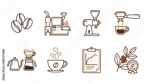 Set of 8 coffee roastery and specialty coffee icons featuring roasted beans, roasting machine, grinder, espresso portafilter, pour-over dripper, steaming cup, quality chart, and coffee plant.