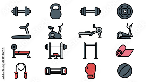 Set of 16 Fitness and Gym Equipment Icons in a Consistent Rounded Flat Style. Includes Dumbbell, Kettlebell, Barbell, Treadmill, Exercise Bike, Rowing Machine, Yoga Mat, Boxing Glove, and Weights.