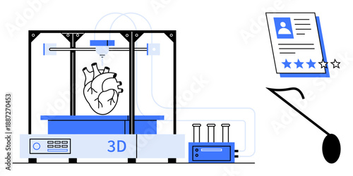 3D printer fabricating a heart, test tubes for research, and a document with ratings. Ideal for medicine, innovation, technology, research, reviews biotechnology conceptual metaphor. Simple flat
