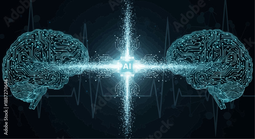 Glowing blue brains connect with light beam and circuit background