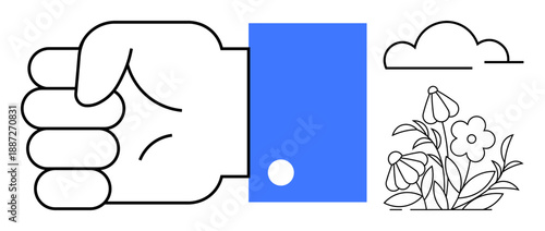 Strength, simplicity, communication, nature, peacefulness, growth. A clenched fist with a blue sleeve next to a cloud and blooming flowers. Strength and nature in harmonious balance