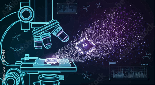 Microscope examines microchip with glowing particles on dark background