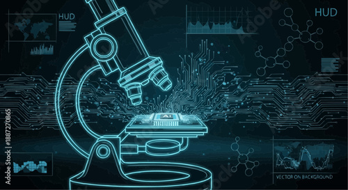 Neon microscope on circuit board background with technical diagrams