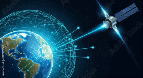Satellite orbits earth with glowing blue network connections globally