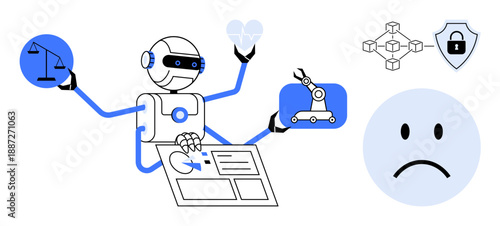 Artificial intelligence. Artificial intelligence balancing ethics, automation, and security insights with robot innovation. Artificial intelligence for technology, ethics, robotics, security