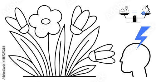 Floral concept. Artistic flowers accompanied by symbolic elements balance, finance, and creative ideas. Floral designs meet conceptual insights for art, education, wellness, business, and innovation