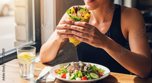 Person enjoys healthy meal including a wrap and fresh salad near a sunlit window