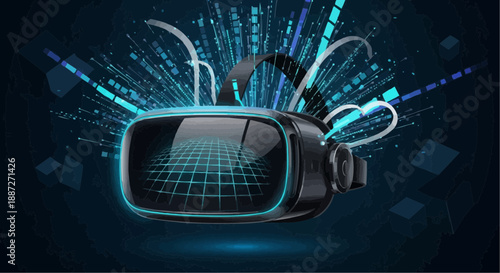 Virtual reality headset with glowing blue lines and futuristic background
