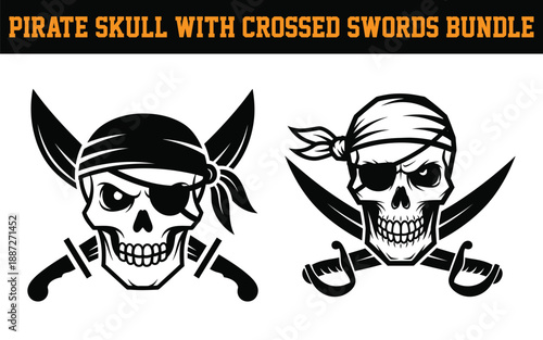 Pirate skull with crossed swords bundle illustration design elements  two skulls with bandanas and swords
