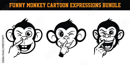 Funny monkey cartoon expressions bundle with different facial emotions  monkey faces with various gestures  playful monkey illustrations
