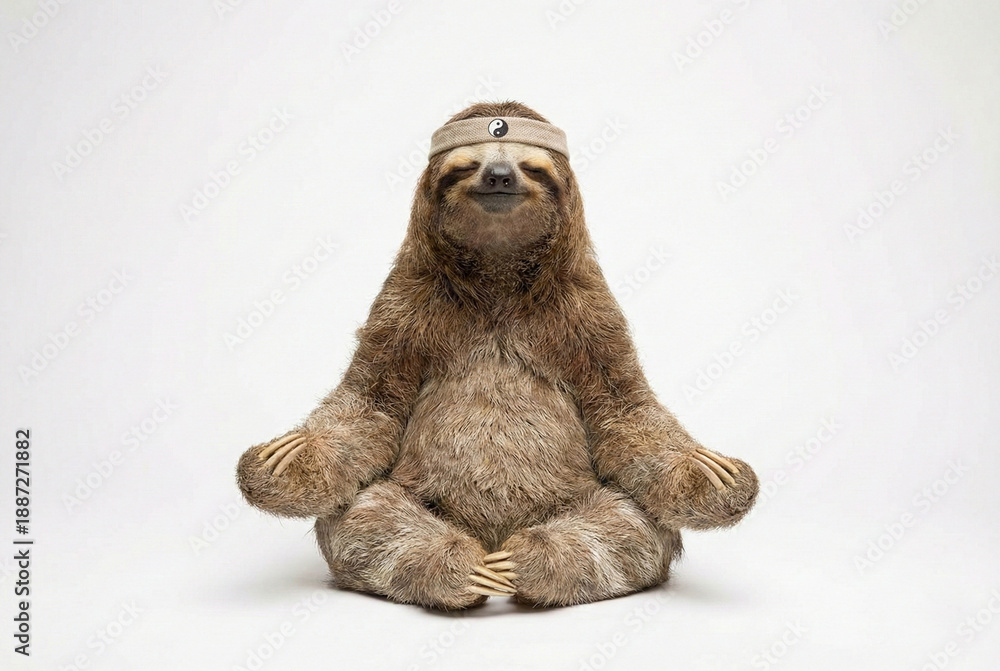 Fototapeta premium A smiling sloth sitting in a meditation pose with a headband