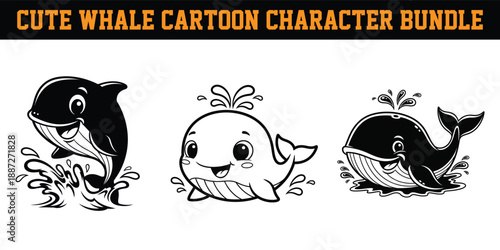 Cute cartoon whale and dolphin characters  smiling marine animals  illustration bundle  black and white