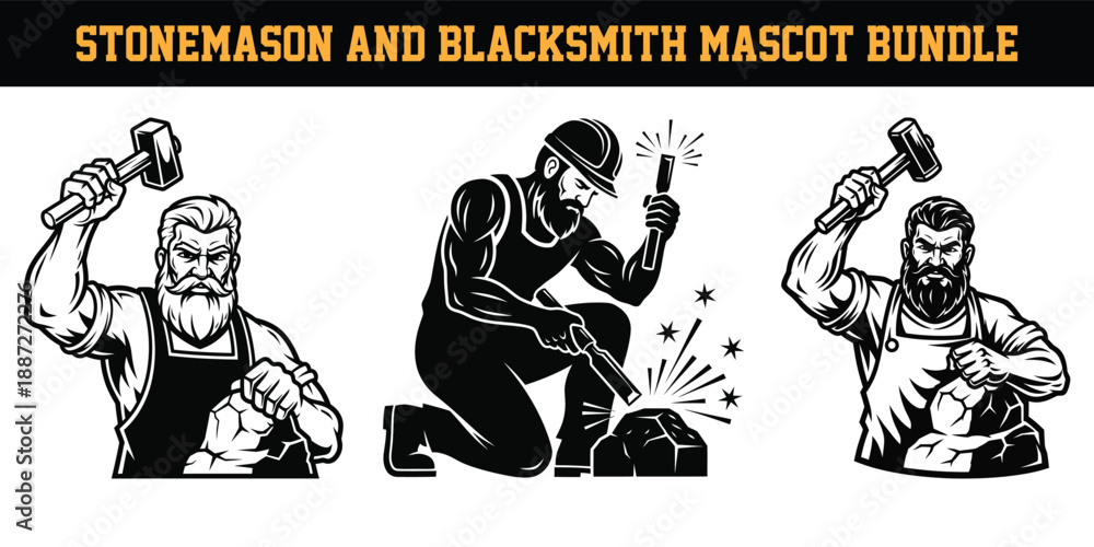© Suhel_AI Design - Stonemason and blacksmith mascot bundle with three strong men working with hammers and stone