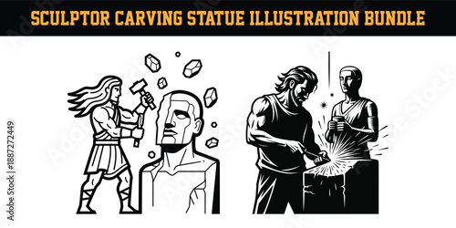 Sculptor carving statue illustration bundle with people working on sculptures with hammer and chisel on white background