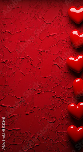Glossy red hearts on a textured red background for Valentine Day, romantic concepts with copy space