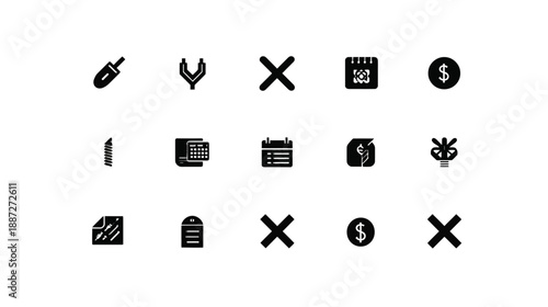 Minimalist Black and White Vector Icon Set for User Interface Design, App Development, Finance, Utility, and Data Management