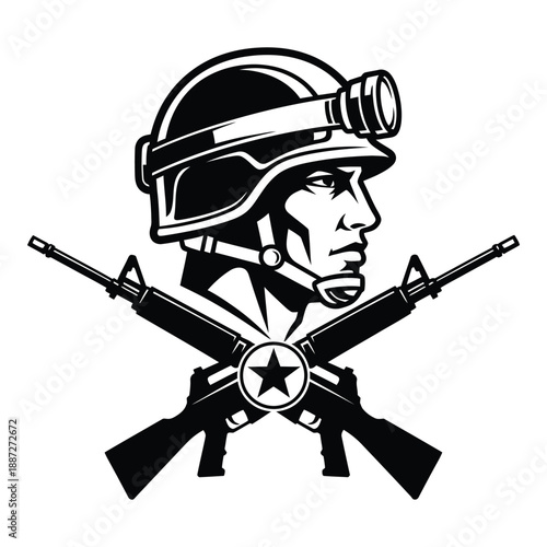 Black and white illustration of a soldier head with crossed rifles  military symbol