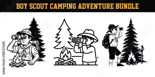 Boy scouts in various camping poses with binoculars and backpacks in front of trees and campfires in a scenic outdoor setting