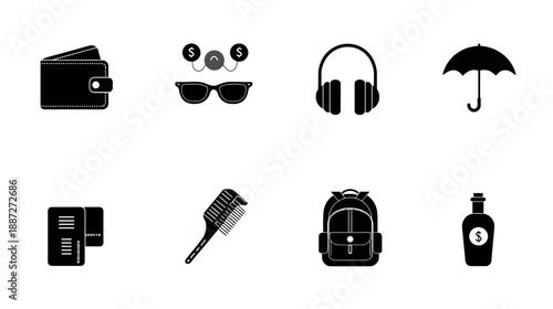 Everyday personal items vector icons set for travel and leisure. Wallet, sunglasses, headphones, umbrella, backpack, cards, comb, bottle.