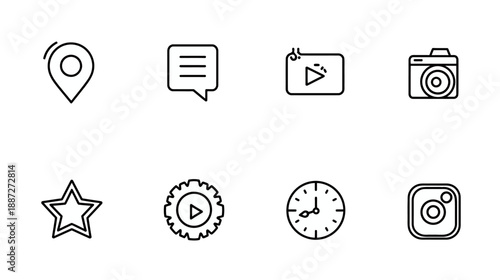 Set of line outline web and app icons for user interface design. Includes location, message, video, camera, star, settings, time, social media symbols.