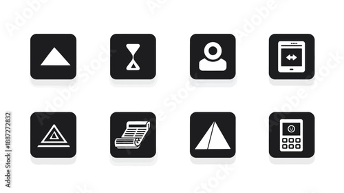 Modern flat design vector icon set with black square backgrounds and white symbols. Includes user, time, mobile, warning, outdoor, and remote control elements for UI/UX applications.
