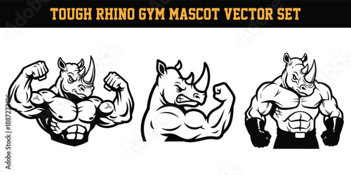 Tough rhino gym mascot vector set with three muscular rhinoceros illustrations in different poses