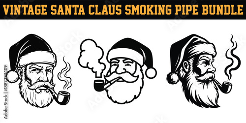Vintage Santa Claus smoking pipe bundle with three different faces  black and white illustration