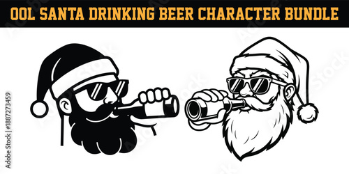 Cool Santa Claus characters drinking beer  illustrations of two cartoon Santas wearing sunglasses and hats