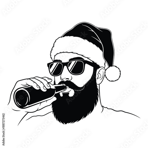 Man with beard wearing santa hat and sunglasses drinking from bottle  holiday cheer and festive vibes