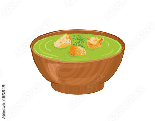 Broccoli soup with croutons in wooden bowl isolated on white background. Vector cartoon flat illustration. Food icon
