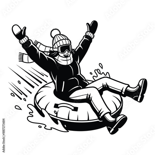 Person in winter clothing riding an inner tube with arms raised in excitement on snow  fun outdoor activity