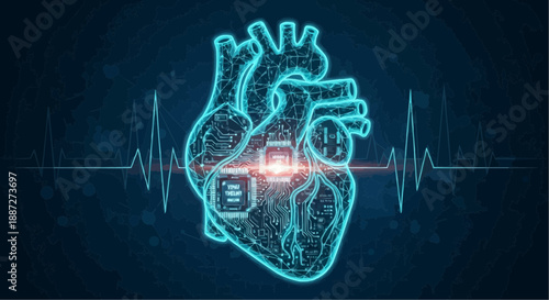 Glowing heart with circuit board and ecg background