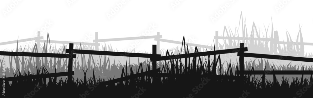 Fototapeta premium Meadow silhouettes with grass and old wooden fence. Countryside, panoramic summer lawn rural landscape with herbs, weeds. Herbal border, frame element. Black horizontal banners. Vector illustration