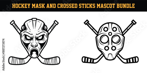 Hockey mask and crossed sticks mascot bundle with two different hockey goalie masks and sticks crossed behind them