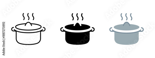 Boiling cooking pot icon. Kitchen saucepan with lid and steam showing food preparing process. Metal cookware for culinary, boiling food, preparing soup and meals in home kitchen.