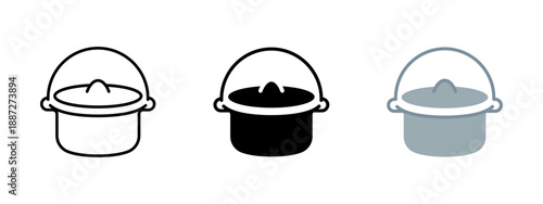 Cooking pot with lid icon. Simple kitchen cookware symbol in outline, solid and flat styles, isolated on white background. Suitable for cooking, food preparation and kitchen interface design.