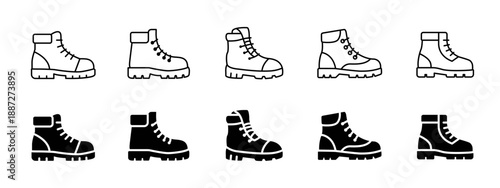 Hiking boots icon set. Rugged outdoor footwear symbol with thick sole and laces, presented in outline and solid styles, isolated on white background. Suitable for trekking, hiking and travel.