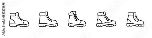 Hiking boots icon set. Outdoor footwear symbols with thick sole and laces, shown in multiple outline variations, isolated on white background.