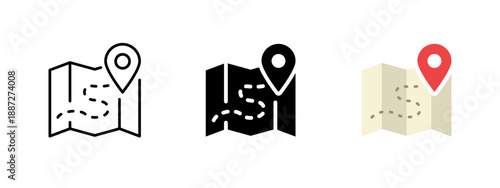 Map and location vector icon set with route, pin and destination symbols in outline, solid and flat styles. Navigation, travel and GPS icons for mobile apps, UI, maps, tourism and route planning.