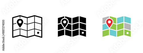 Map icon with location pin in outline, solid and flat styles. Navigation and GPS vector symbol for travel apps, route planning, geolocation services, city maps, and web or mobile interface design.