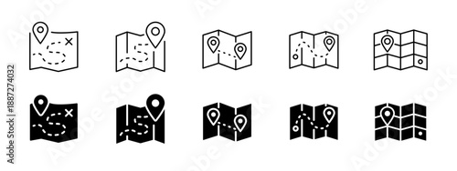 Set of map and location icons with pins and routes in outline, solid and flat styles. Vector navigation symbols for GPS, travel, destination planning, geolocation, and user interface design.