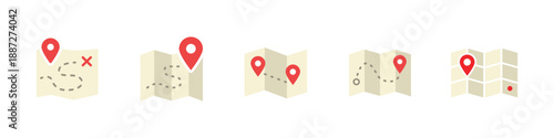 Flat color map icons with location pins and routes. Vector navigation symbols for GPS, travel planning, destination tracking and geolocation, suitable for mobile and web user interface design.