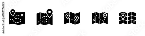 Solid black map icons with location pins and routes. Minimal vector symbols for GPS navigation, travel planning, destinations and geolocation, perfect for mobile apps, web interfaces and UI design.