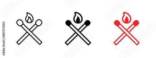 Matchstick fire icon set. Burning matches symbol for camping, survival, emergency, danger and outdoor safety concepts. Isolated vector illustration.