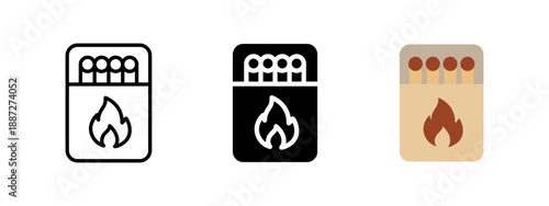 Matchbox fire icon set in outline, solid and flat styles. Burning matches symbol for ignition, safety, danger, camping, survival and emergency concepts. Isolated vector illustration.