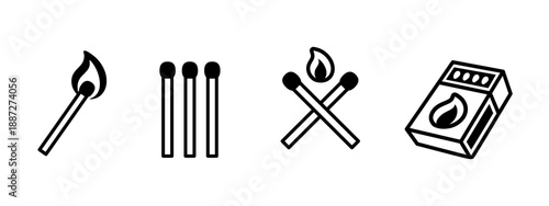 Match and matchbox icon set in outline and solid styles. Burning matchsticks and fire symbols for ignition, safety, danger, camping, survival and emergency concepts. Isolated vector illustration.