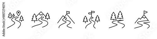 Journey and path icon set with winding road, mountains, forest and direction symbols. Outline vector icons for travel, navigation, hiking, adventure, destination, progress and route concepts.