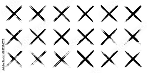 Grunge crosses, brush strokes, x mark, lines, ink smudges, hand-drawn scribble shapes. Handmade sketchy marks, acrylic stains, charcoal streaks. Paint textures, dry brush effect. Vector illustration