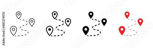 Route with location pins icon set in outline, solid and color styles. Minimal vector symbols for navigation, map, GPS, travel, destination, route planning, logistics and location tracking concepts.